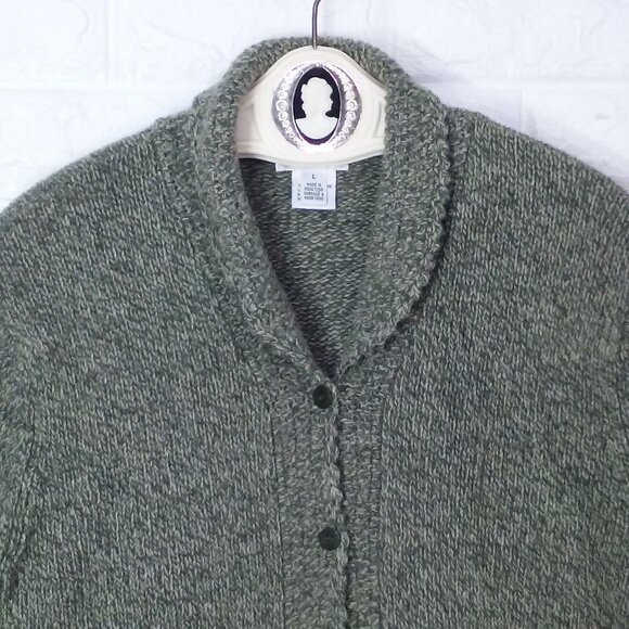 Vintage 80s Talbots Cardigan Sweater Lady-L Wool Scallop Shawl-Collar Olive - Picture 2 of 9